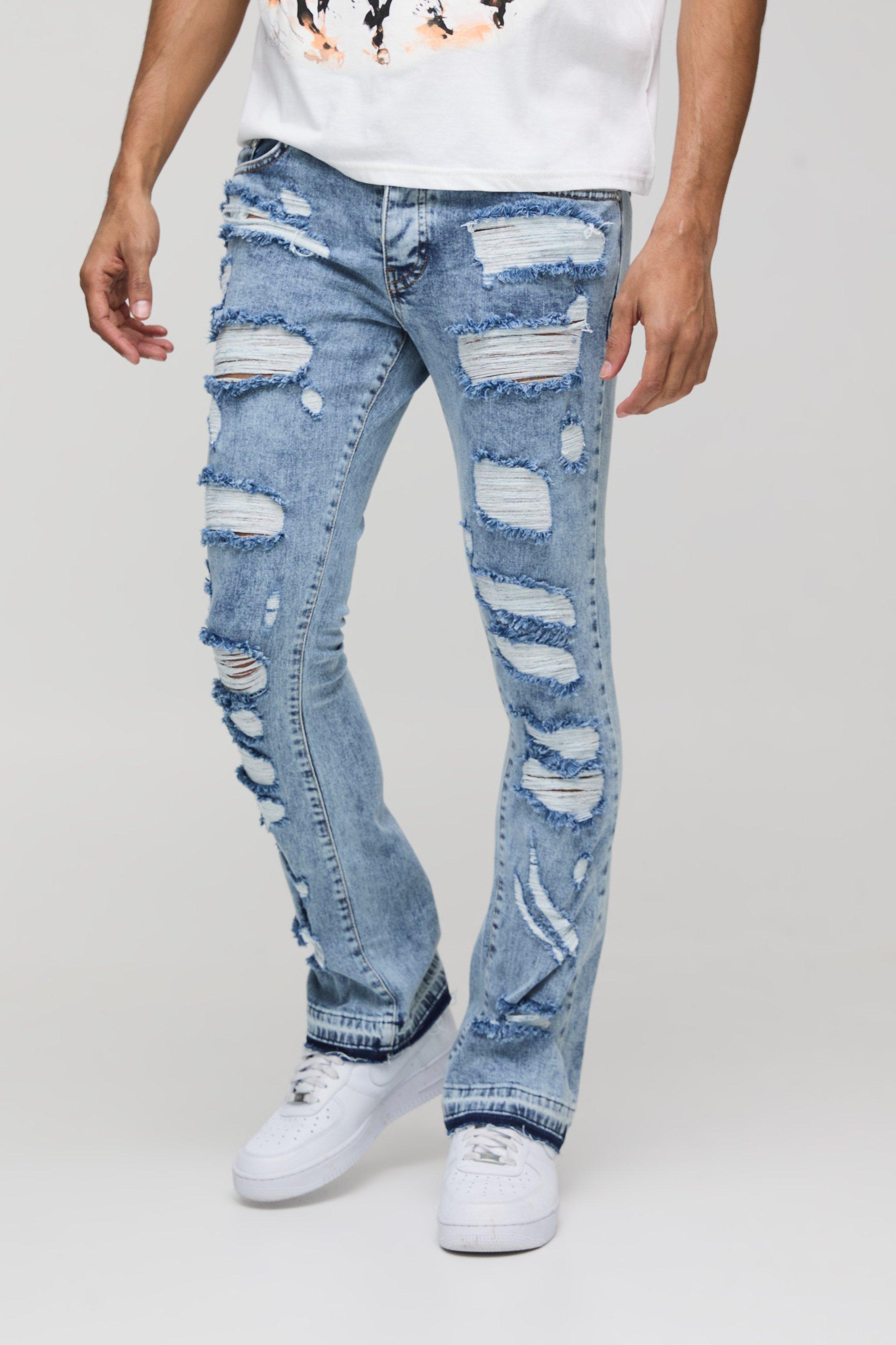 Mens Blue Skinny Flared All Over Ripped Distressed Jeans, Blue